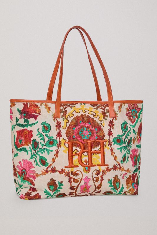 Shopper bag in floral print fabric and leather