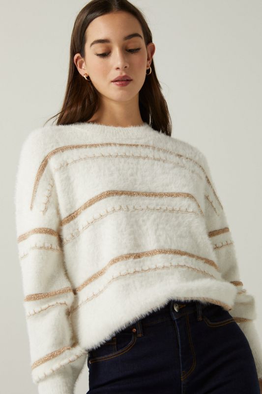 Striped furry jumper with relief design