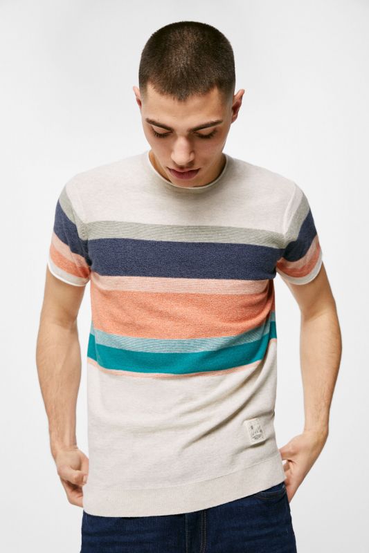 Multi-stripe twisted yarn jersey-knit T-shirt