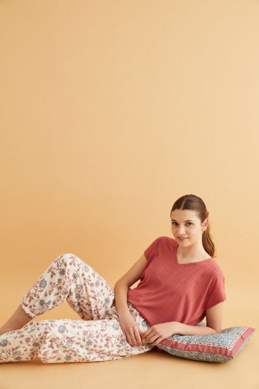 White floral 100% cotton long trousers