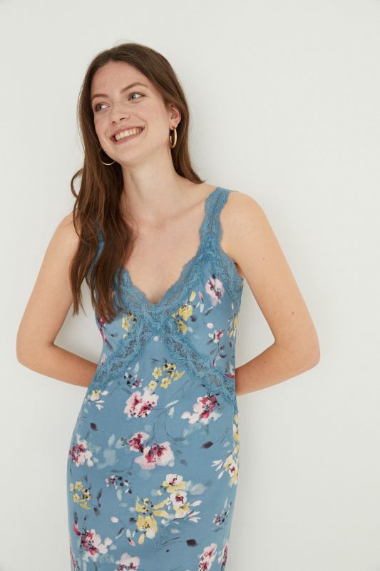 Long blue floral satin nightgown