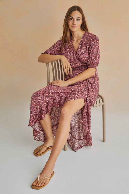 Pink printed ruffled midi dress