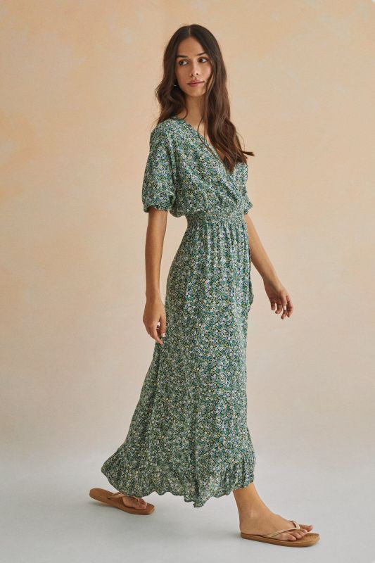Green printed ruffled midi dress