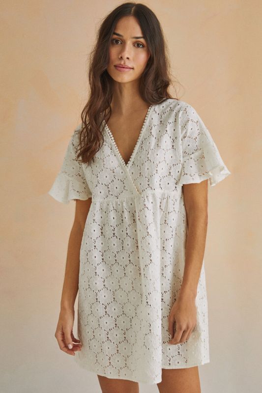 Short beige 100% cotton Swiss embroidery dress