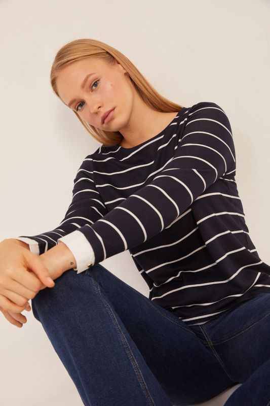 Two-material striped T-shirt with cuffs