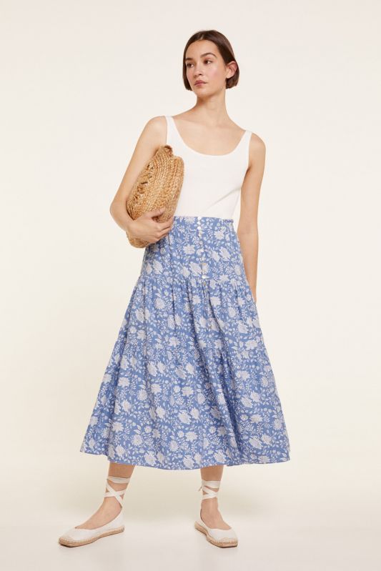 Printed Linen Midi Skirt