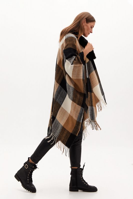 Checked and fur poncho
