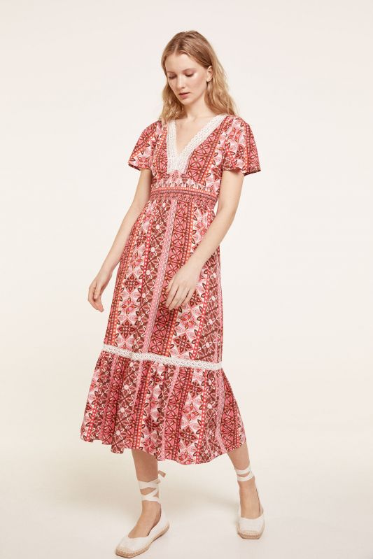 Printed Midi Dress with Lace Trim