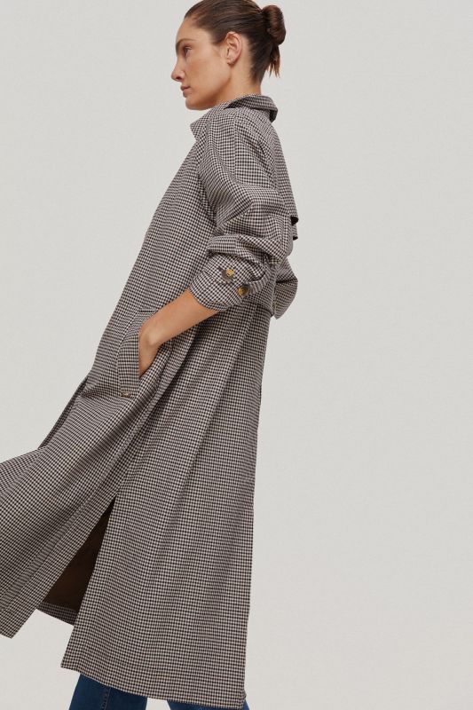 Long check trench coat with slits