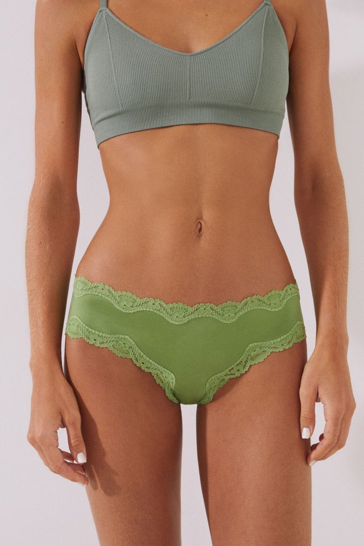 Green microfibre and lace Brazilian panty